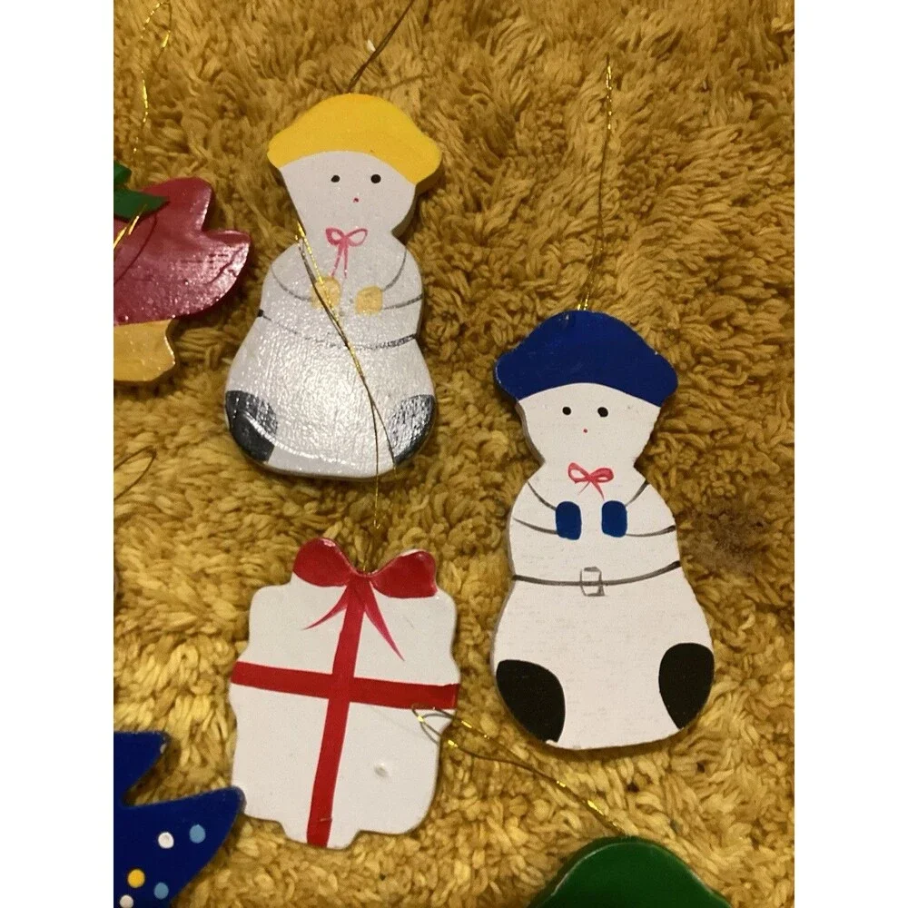 Wooden Painted Flat Christmas Tree Ornaments 17 Holiday Themed Decorations